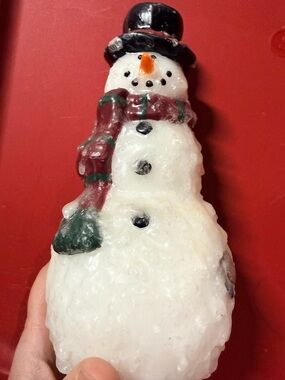 Festive White Snowman Holiday candle with Red and Green Scarf